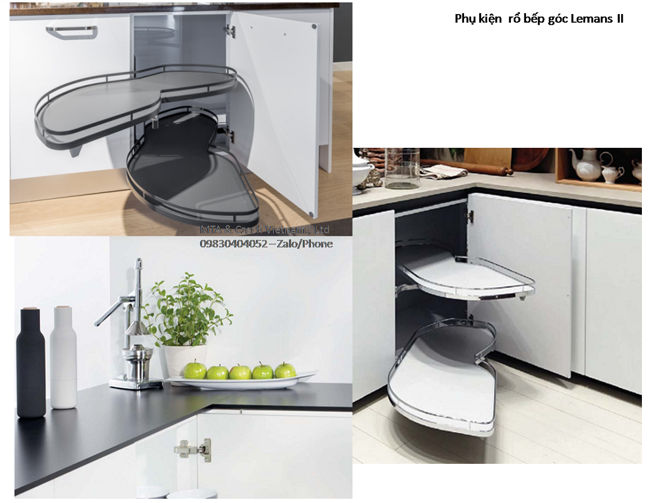 Phụ kiện tủ bếp bộ rổ kéo góc LeMans II 4 khay màu trắng mở trái 541.32.673