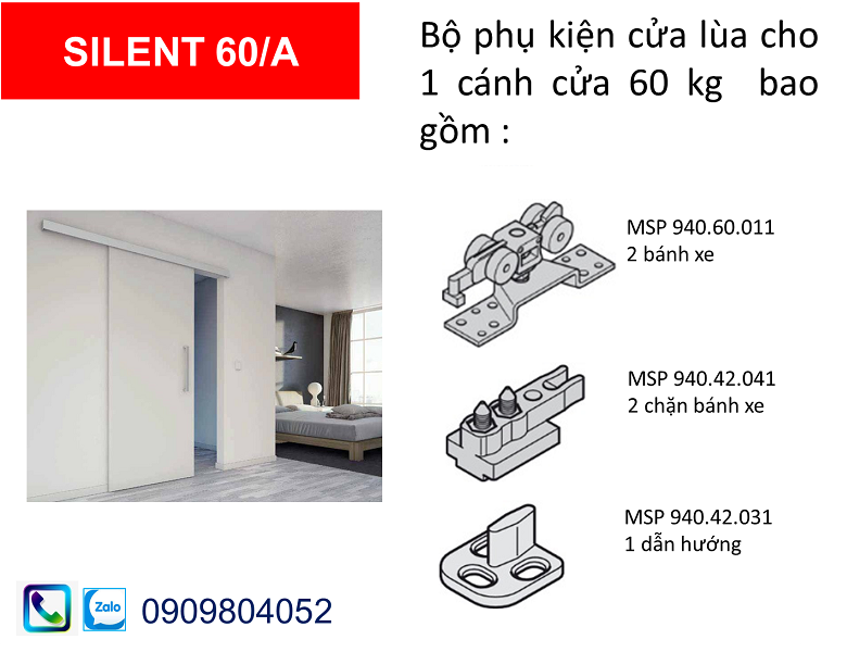 Phụ kiện cửa lùa hafele 940.60.001 Silent 60/A cửa nặng 60kg