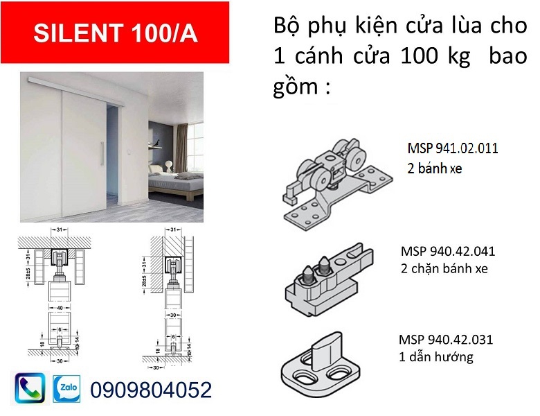 Phụ kiện cửa lùa hafele 941.02.001 Silent 100/A cửa nặng 100kg