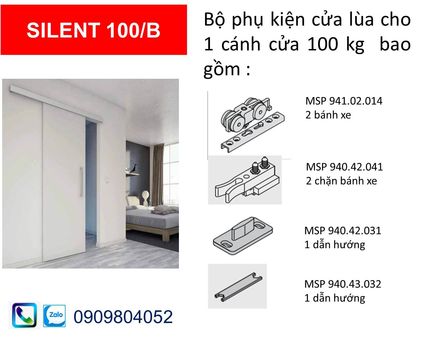 Phụ kiện cửa lùa hafele 941.02.002 Silent 100/B cửa nặng 100kg