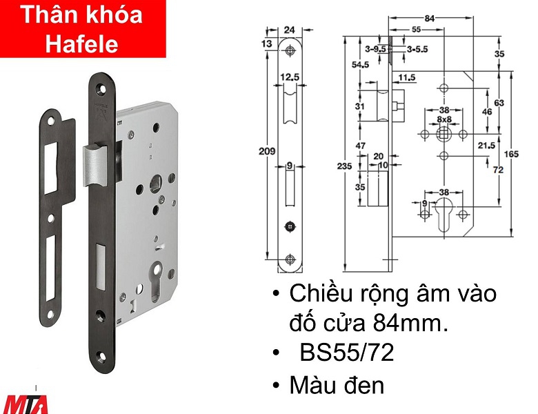 Khóa cửa Hafele 911.25.100 thân khóa lưỡi gà chốt chết BS55/72mm màu đen