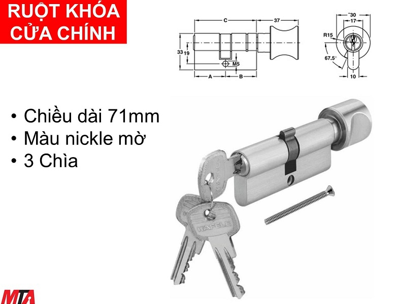 Khóa cửa Hafele 916.96.317 ruột khóa cửa chính 71mm màu nickle mờ