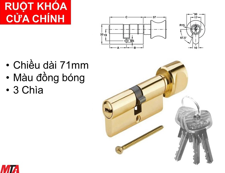 Khóa cửa Hafele 916.96.664 ruột khóa cửa chính 71mm màu đồng bóng