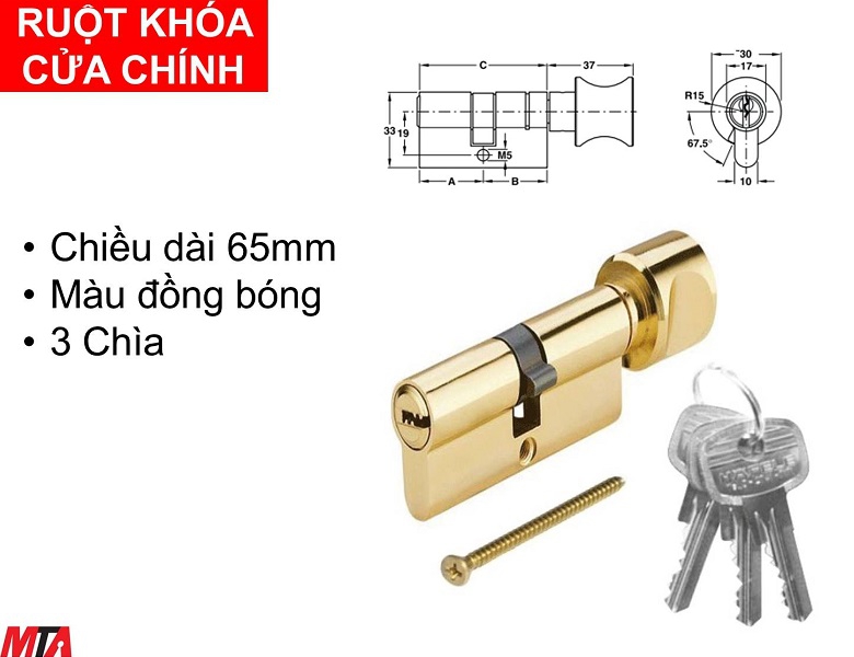 Khóa cửa Hafele 916.96.666 ruột khóa cửa chính 65mm màu đồng bóng
