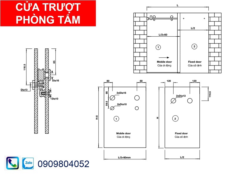 Phụ kiện cửa lùa phòng tắm kính Hafele 981.71.101 Ray trượt Vuông