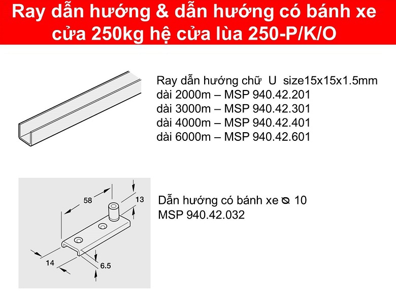 Ray dẫn hướng hafele 940.42.301 dài 3m cửa trượt 250 kg dòng 250 P/K/O