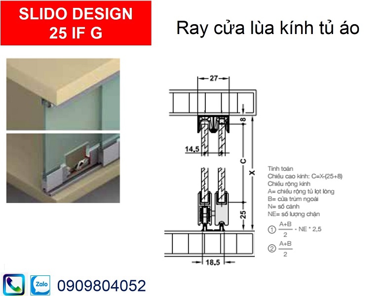 Ray lắp con trượt cửa lùa kinh Hafele 415.12.642 Slido Design 25IF G