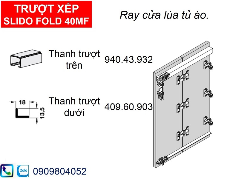 Ray cửa lùa xếp tủ áo hafele 940.43.932 Slido Fold 40MF lắp trên