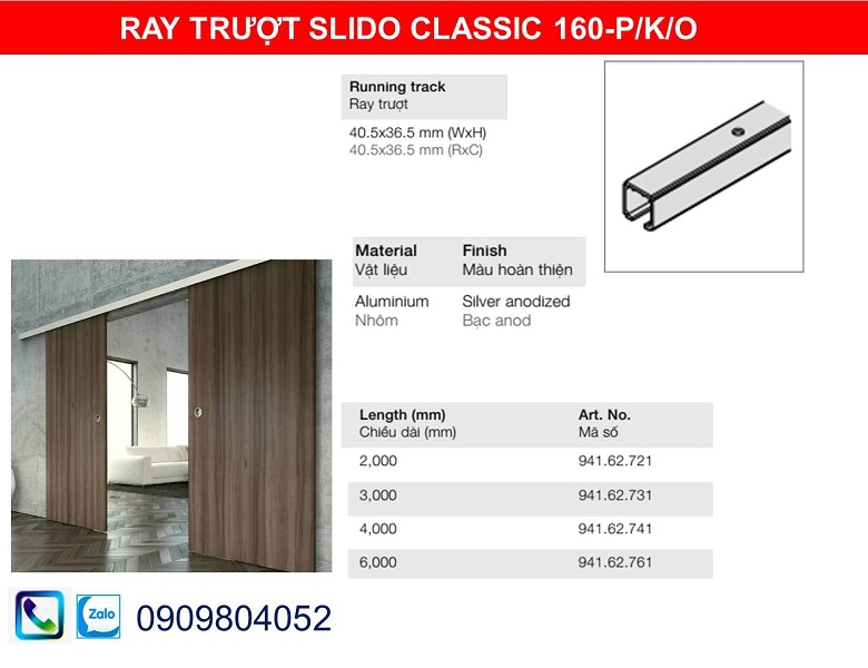 Ray trượt Hafele 941.62.761 dài 6000mm phụ kiện cửa trượt 160-P/K/O