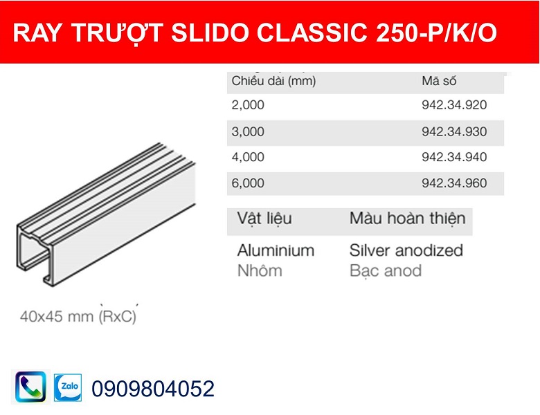 Ray trượt Hafele 942.34.920 dài 2000mm phụ kiện cửa lùa 250P-K-O cửa 250kg