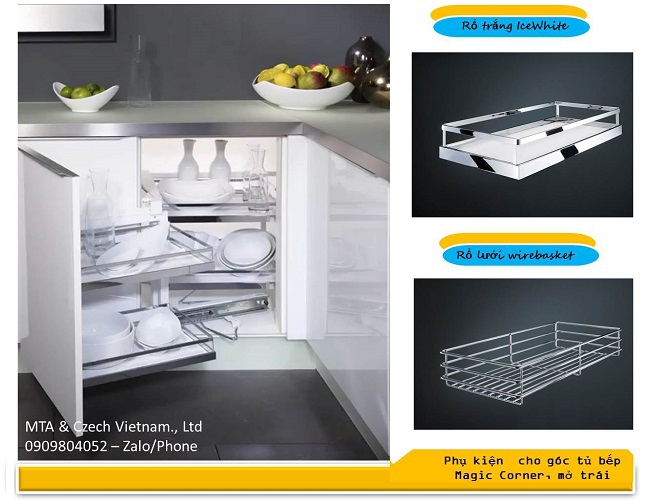 Phụ kiện tủ bếp rổ kéo góc Magic Corner 2 tầng màu trắng mở trái 546.17.004