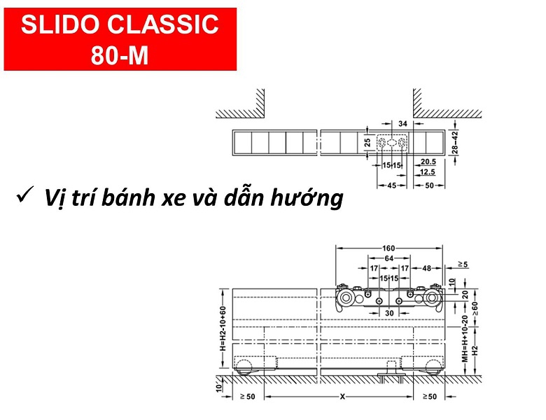 Phụ kiện cửa lùa hafele 80-M 940.59.009 cửa rộng 1.8m gắn âm vào cửa