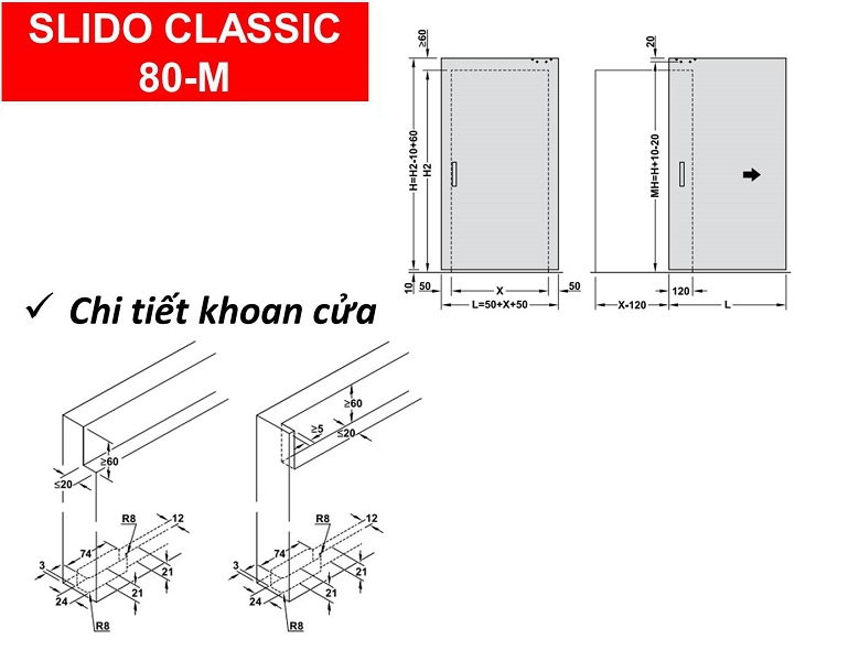 Phụ kiện cửa lùa hafele 80-M 940.59.009 cửa rộng 1.8m gắn âm vào cửa